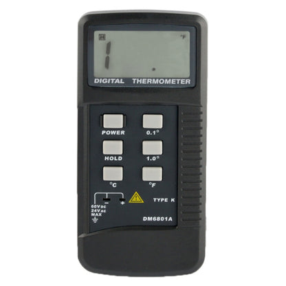 Black digital thermometer with LCD, K-type sensor label, and control buttons