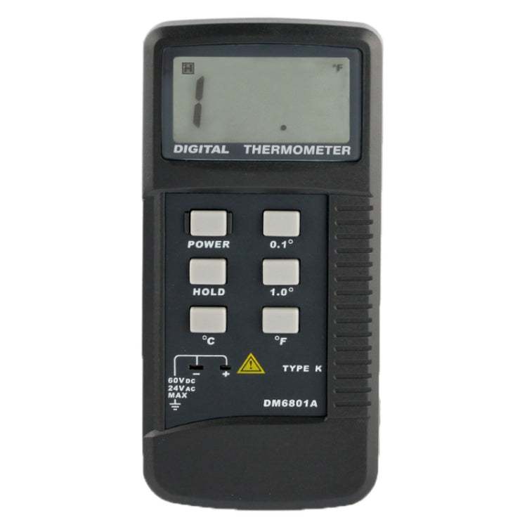 Black digital thermometer front view, LCD display with Power and Hold buttons