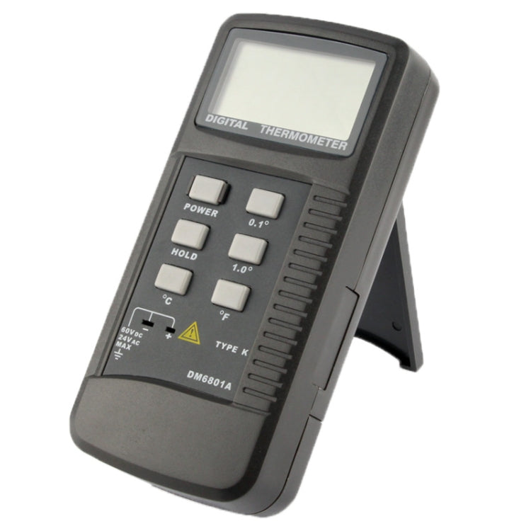 Black digital thermometer, angled view showing LCD, buttons, and Type K area