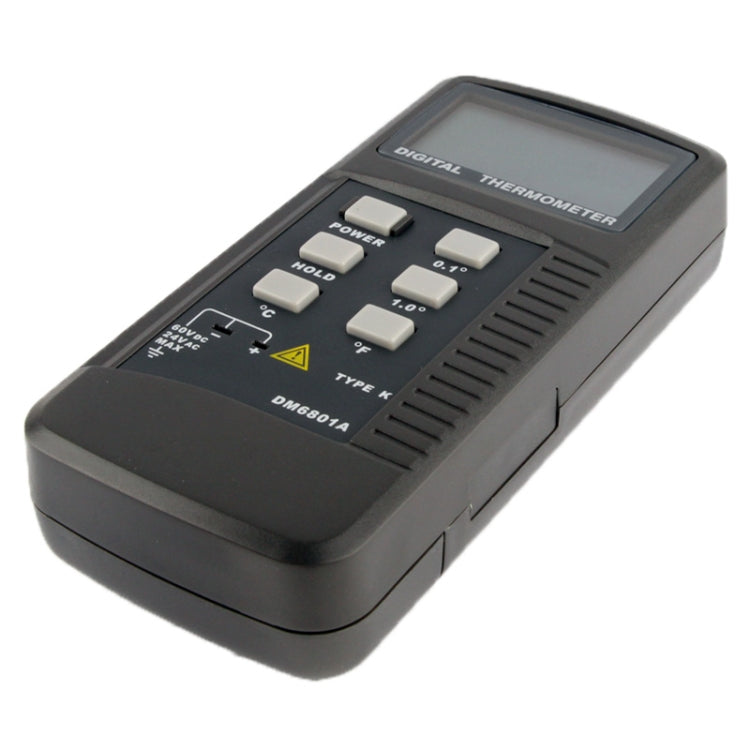 Black digital thermometer, angled front with LCD, keypad, and Type K connection