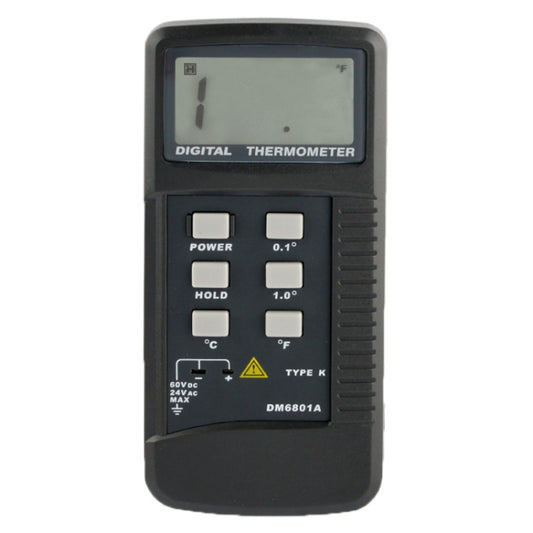 Black digital thermometer with LCD, K-type sensor label, and control buttons