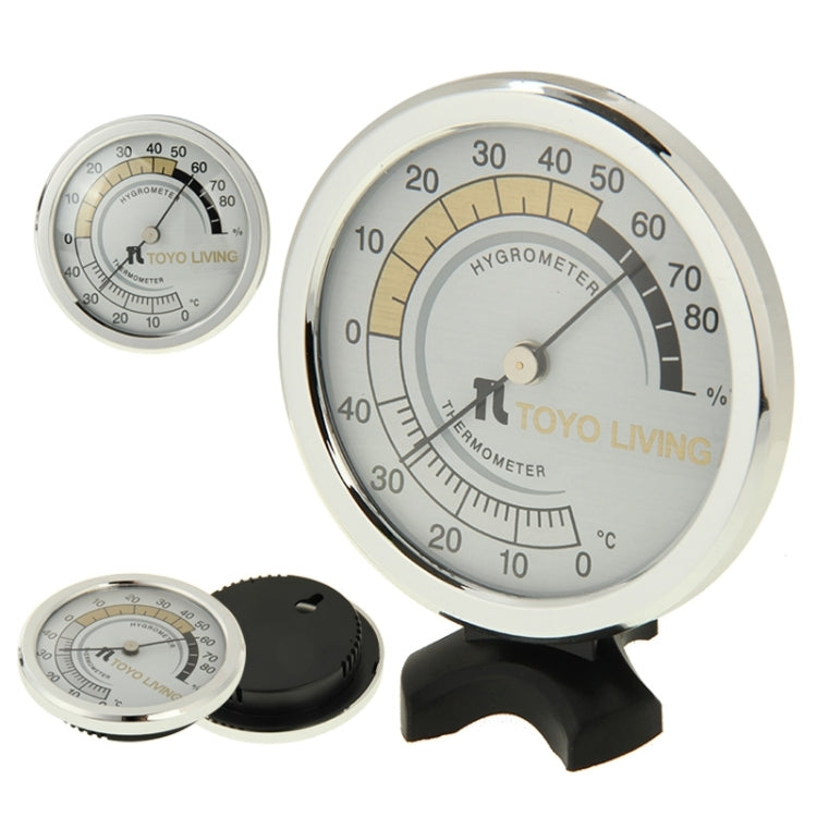 Round indoor thermometer and hygrometer with chrome bezel, white dial, and black stand