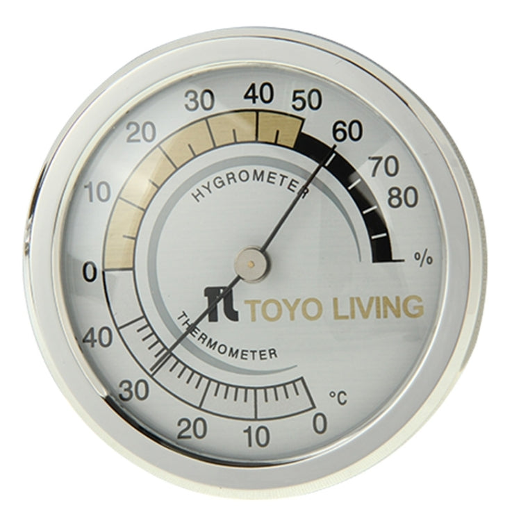 Close-up of round hygrometer/thermometer dial with percent and degree scales