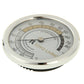 Round indoor thermometer and hygrometer gauge with chrome ring and white face