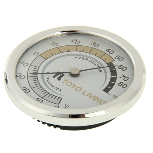 Round indoor thermometer and hygrometer gauge with chrome ring and white face