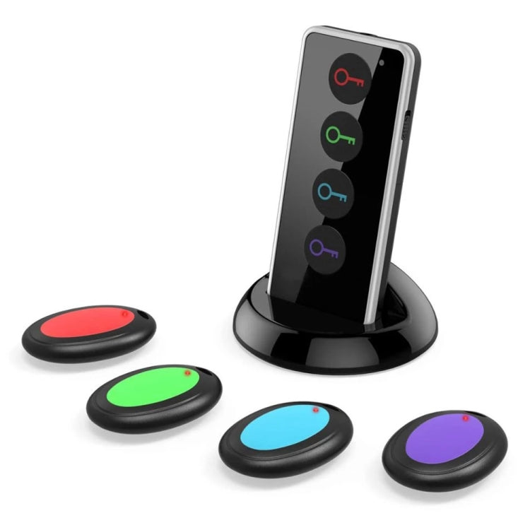 Wireless key finder set with dock and four round key fobs in red, green, blue, purple
