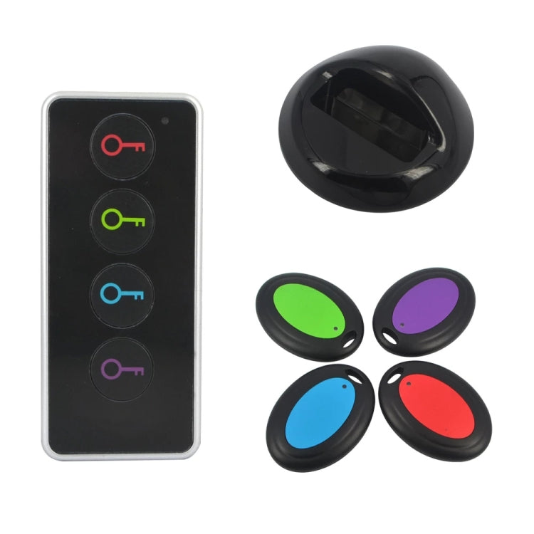 Wireless key finder set with key fob base and four color key fobs in red, green, blue, purple