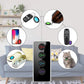 Wireless key finder remote and key fobs with app-style callouts showing LED and button functions