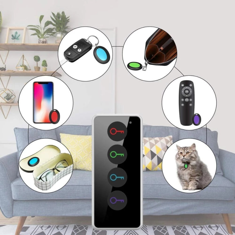Wireless key finder remote and key fobs with app-style callouts showing LED and button functions