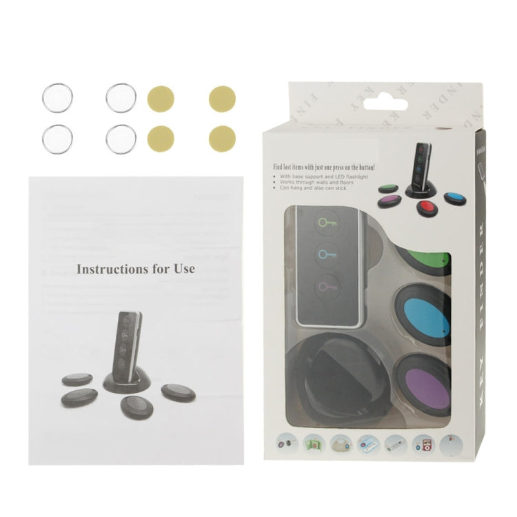 Wireless key finder instructions booklet and retail box with key fob and dock shown