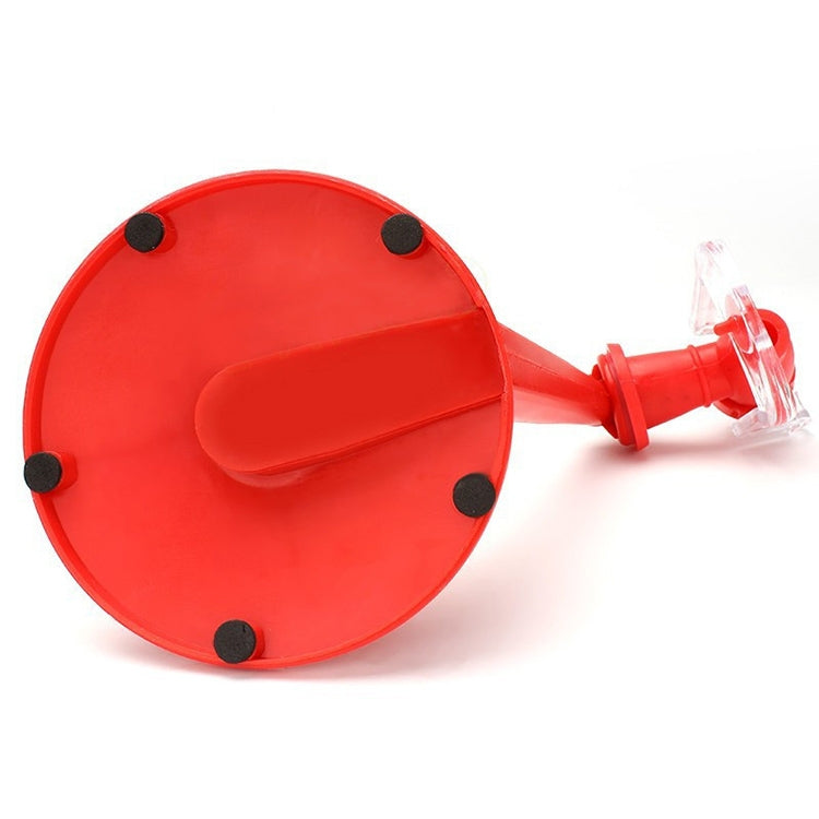 Red round base inverted drink dispenser with clear spout and bottle attachment