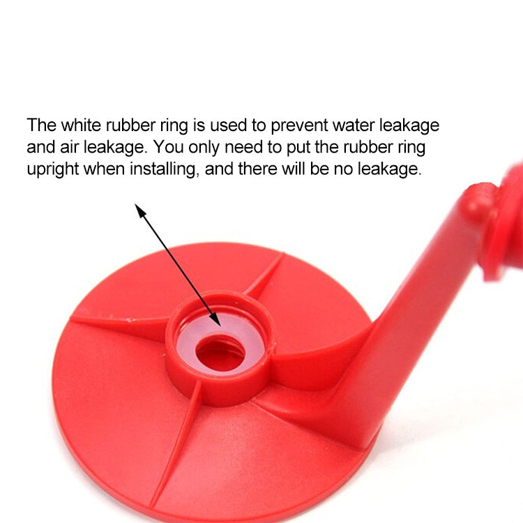 Red inverted bottle dispenser base with white rubber ring for leak prevention