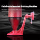 Red inverted soda bottle dispenser with clear valve spout and curved tube