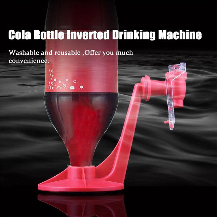 Red inverted soda bottle dispenser with clear valve spout and curved tube