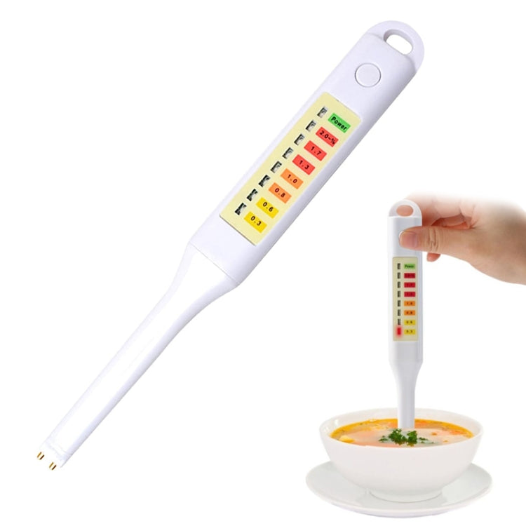 Handheld salinity tester with color indicator strip and long probe for food samples