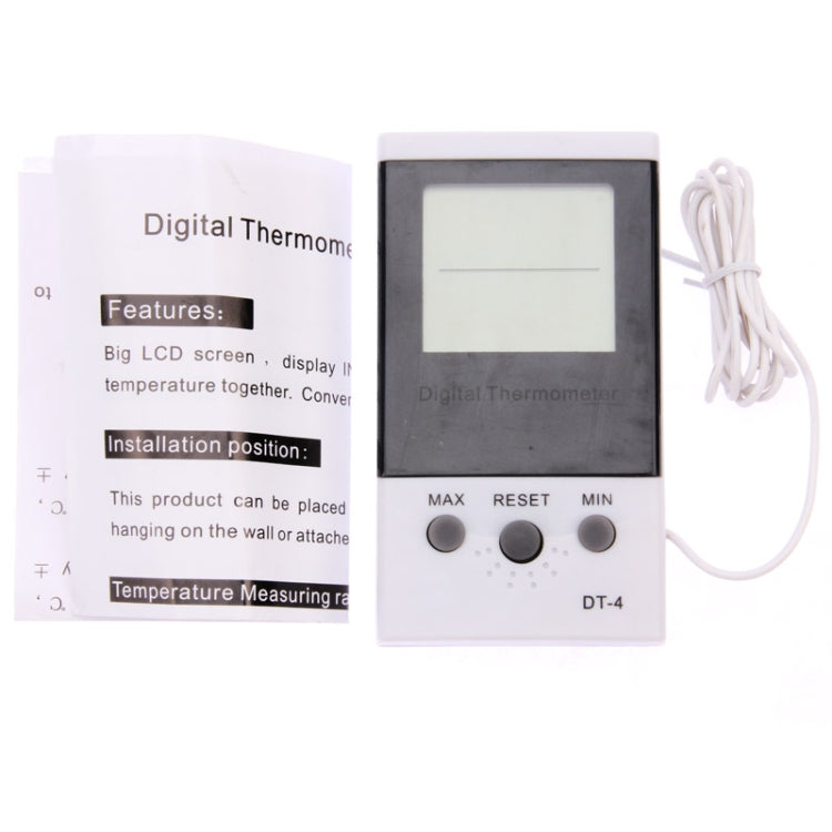Digital thermometer DT-4 with blank LCD screen and MAX/RESET/MIN controls, white body