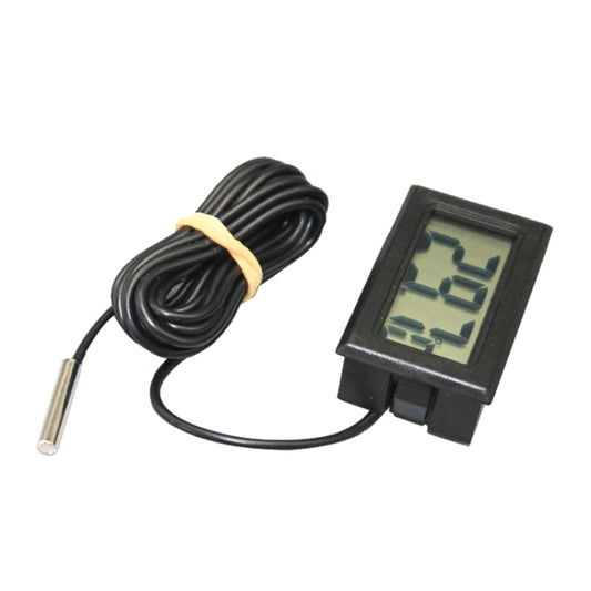 Digital thermometer probe with metal sensor tip, black cable, and small LCD display module