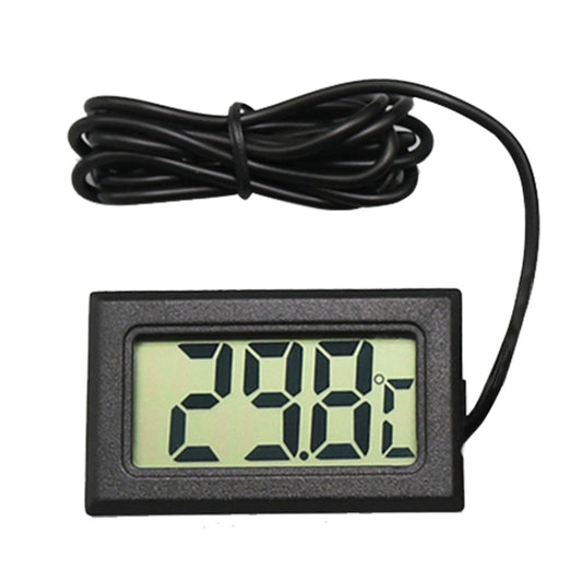 Mini LCD digital thermometer with black screen case and black cable, green temperature display