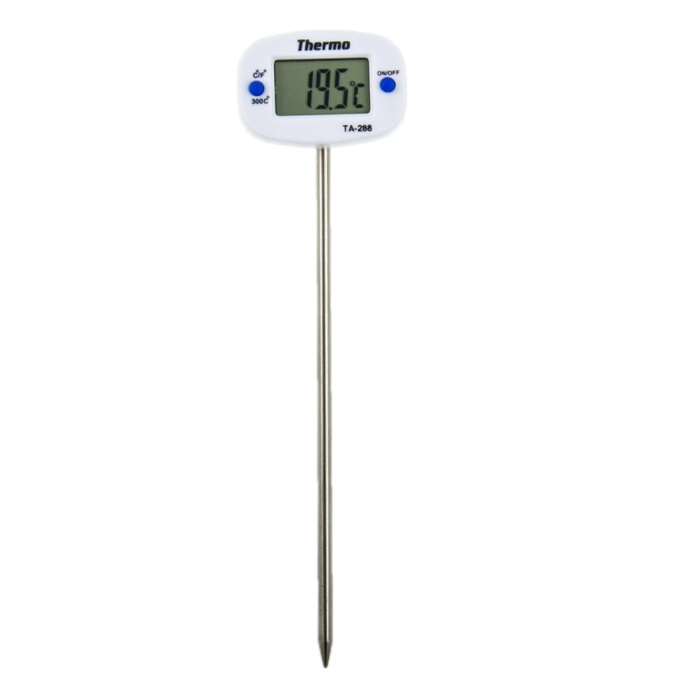 Digital thermometer with LCD readout, two side buttons, and long metal probe