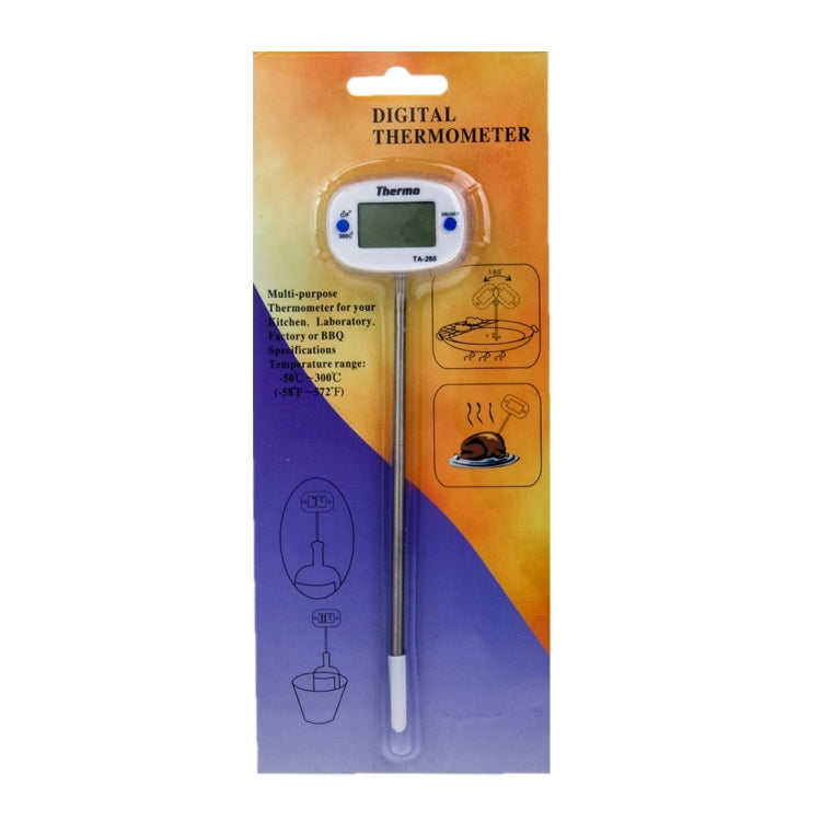Digital thermometer retail package with LCD screen and metal probe