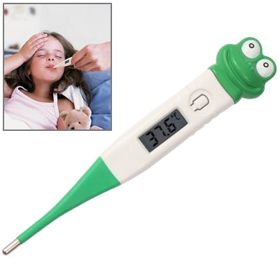 Digital flexible baby thermometer with green-and-white handle and LCD screen