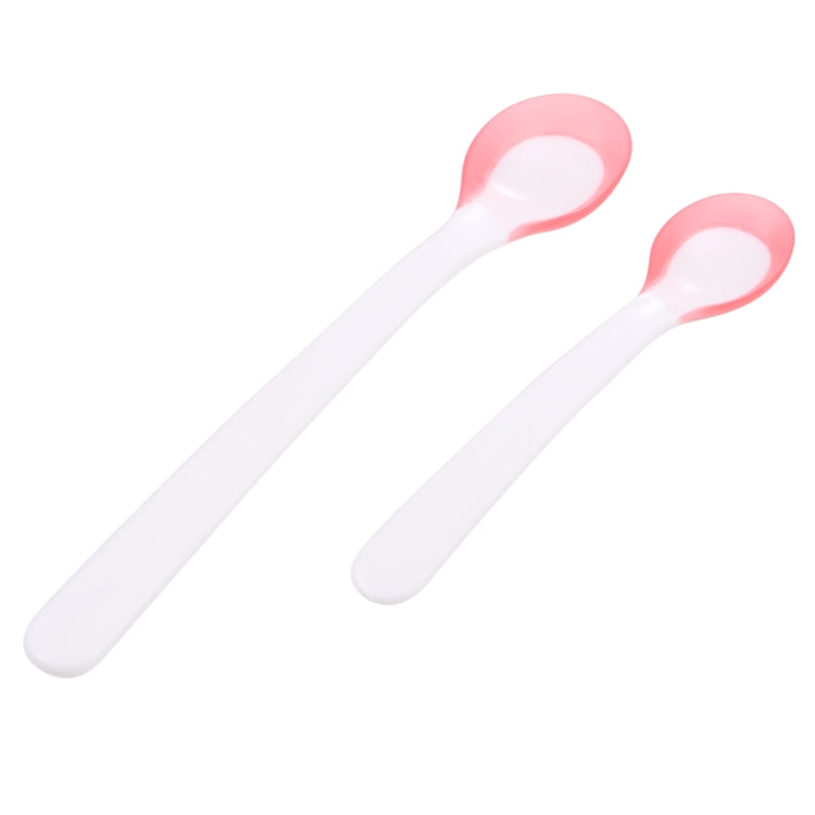 Two temperature sensor spoons with long white handles and pink oval bowls
