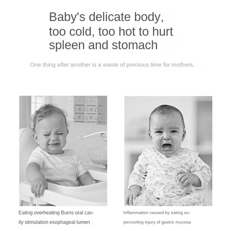 Feeding temperature infographic with baby photos and warning text