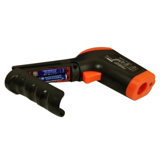 Handheld infrared thermometer with black handle and orange end cap, rear label panel shown.