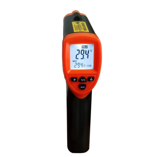 Infrared thermometer with orange and black body, blue LCD temperature display, control buttons.