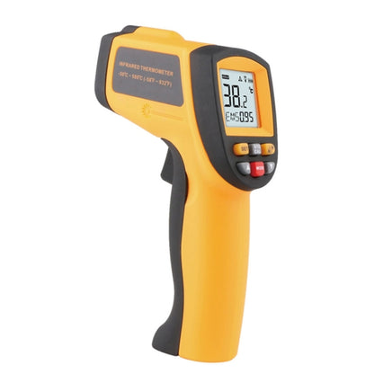 Yellow and black infrared thermometer with LCD temperature display and trigger handle