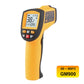 Orange and black infrared thermometer with LCD screen showing 30.2° C