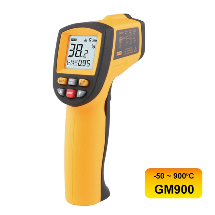 Orange and black infrared thermometer with LCD screen showing 30.2° C