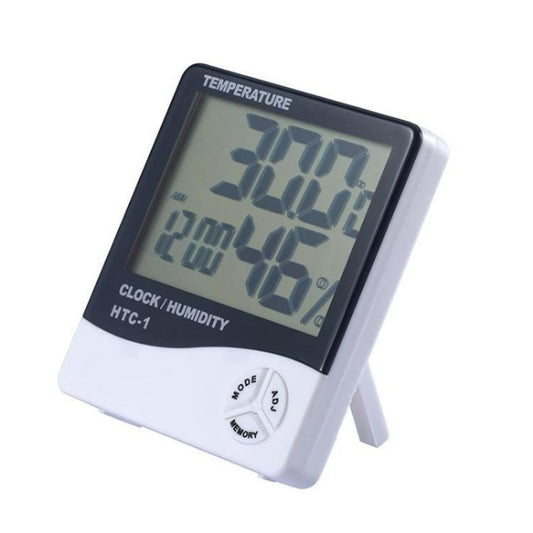 Digital temperature and humidity meter with LCD screen showing temperature, humidity, and clock