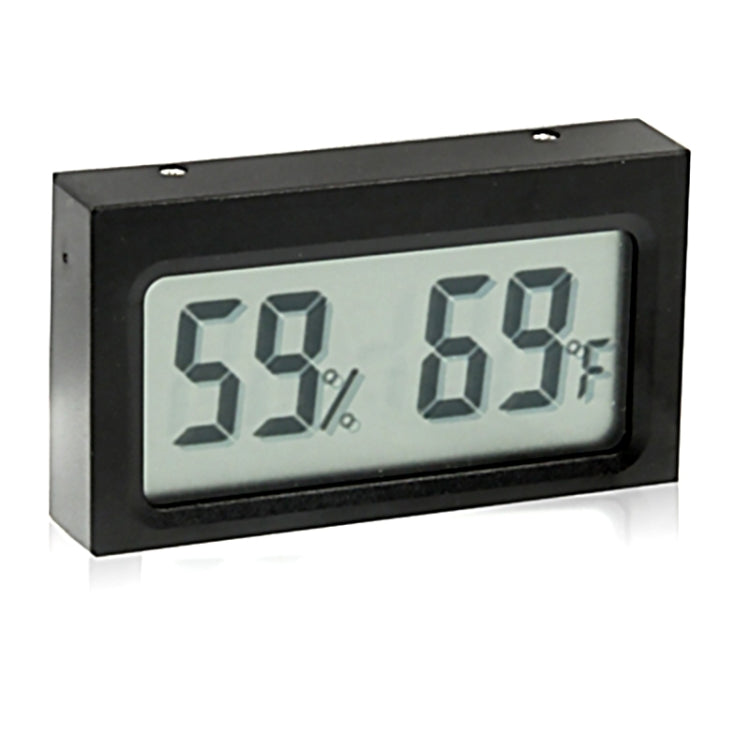 Black mini digital thermometer humidity monitor front view showing LCD % and °F