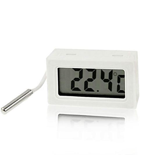 White mini LCD indoor digital thermometer with metal probe and clear LCD display