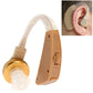Beige behind-the-ear voice amplifier with plus-mark button, clear ear tip, gold dial
