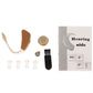 Hearing aid kit with beige device, spare ear tips, and small cleaning tool pieces