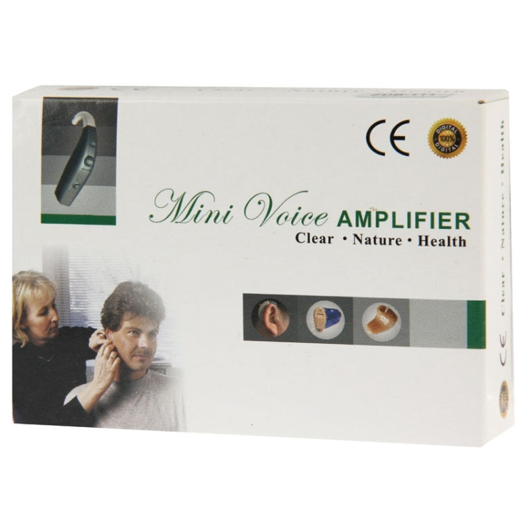 Mini voice amplifier hearing aid retail box with hearing-aid graphics and icons
