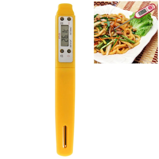 Yellow LCD digital food thermometer with probe and temperature display