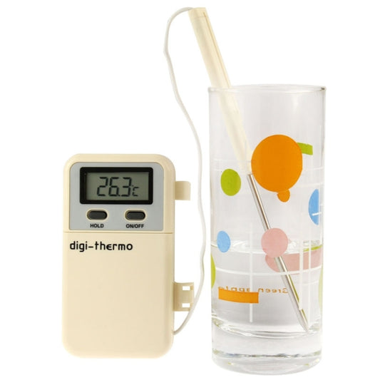 Digital food thermometer with LCD display, beige handheld case and wired metal probe