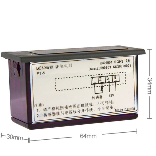 Digital LCD fridge thermometer back label with wiring diagram and dimensions (64mm)