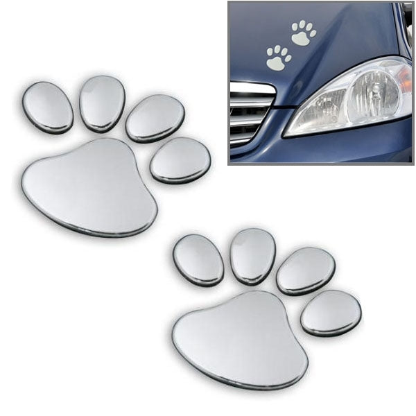 3D car sticker with silver paw print cluster, five pads plus small paw circles