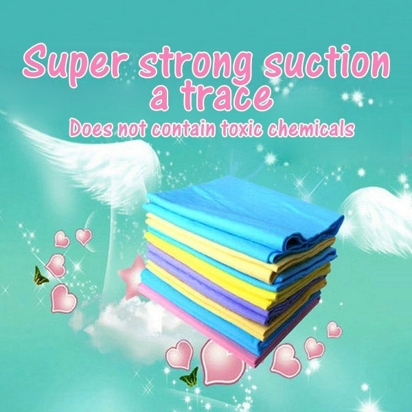 Car wash chamois towel stack, blue, yellow, and pink folded microfiber sheets