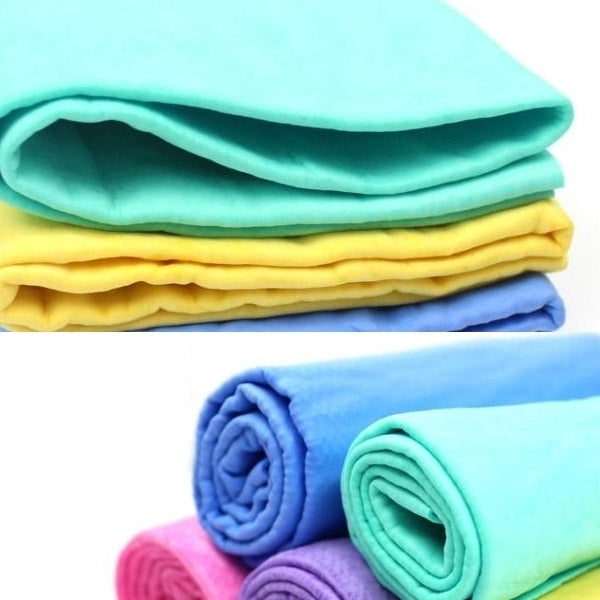 Car wash chamois towel set, rolled multicolor towels in green, yellow, and blue