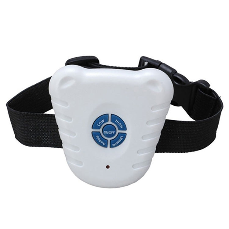 Ultrasonic bark stop collar receiver with black webbing strap, white body, blue control buttons