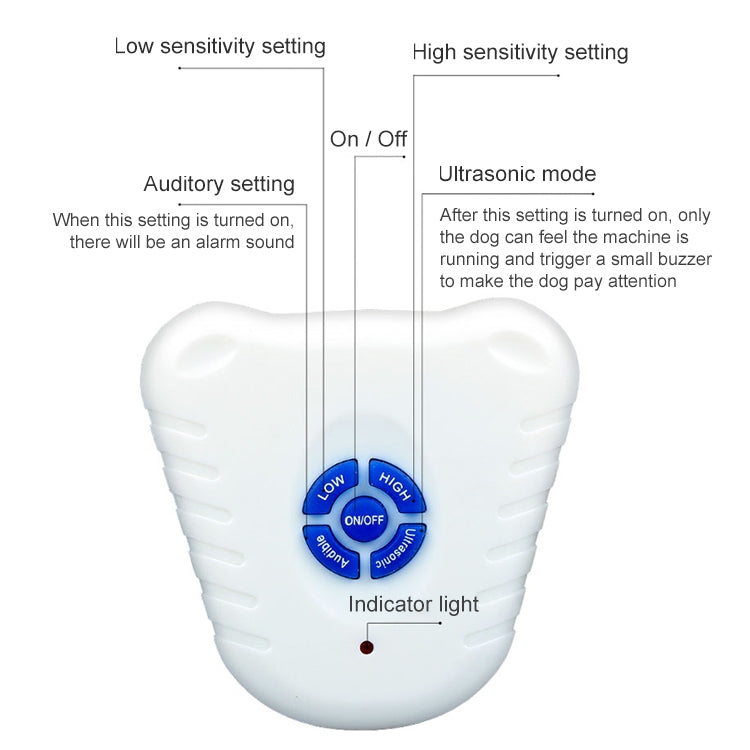 White ultrasonic bark stop collar with blue sensitivity buttons and indicator light on face