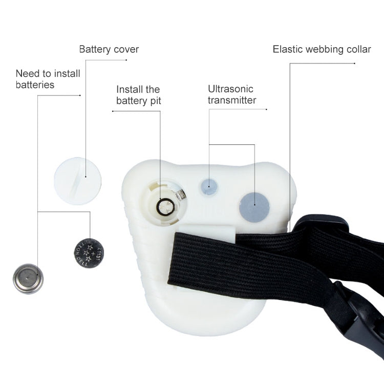Ultrasonic bark stop collar with battery cover detail and elastic black webbing strap