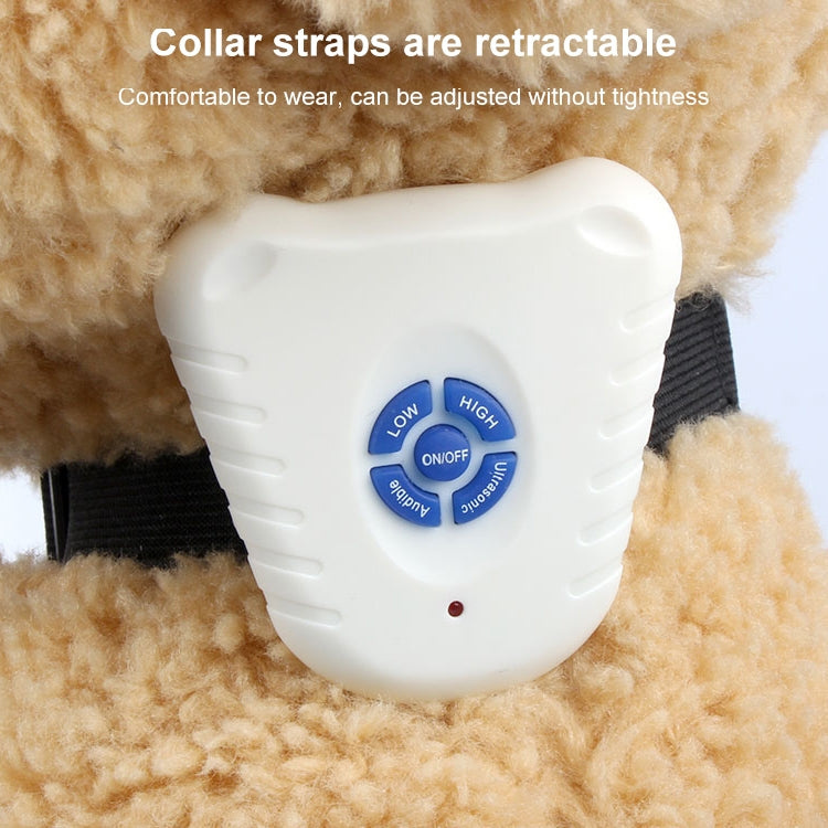 Ultrasonic bark stop collar with white device, blue ON/OFF and sensitivity buttons, black strap