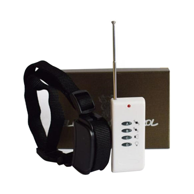 White remote control with antenna and black dog collar strap beside box