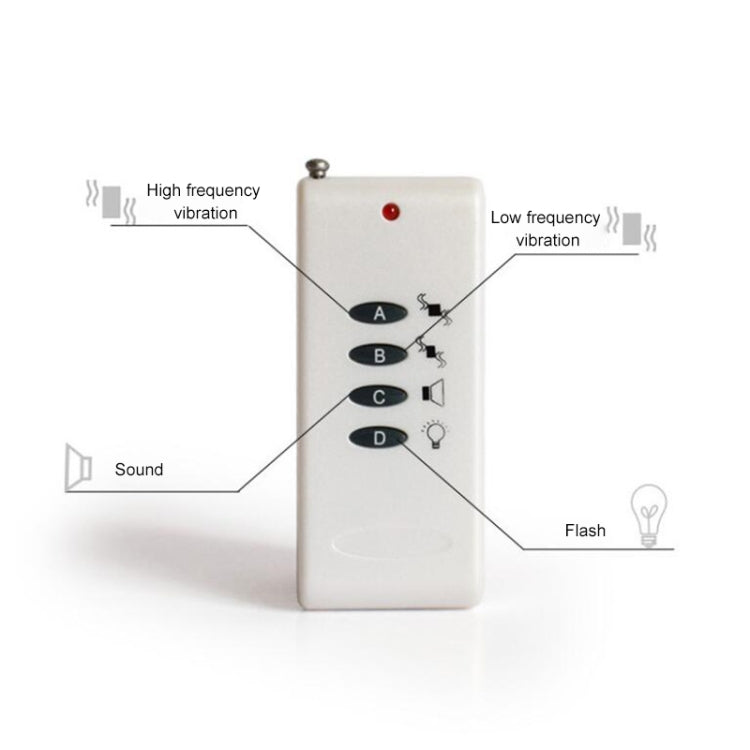 White handheld dog training remote showing A–D buttons with indicator light